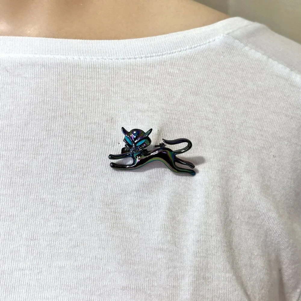 Vintage Witchy Halloween Iridescent Cat Pin Turquoise Eyes Whimsigoth Novelty